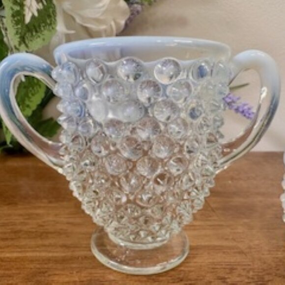 Vintage White Opalescent Hobnail Cream and Sugar Set Fenton Style Pedestal Base - Picture 4 of 5